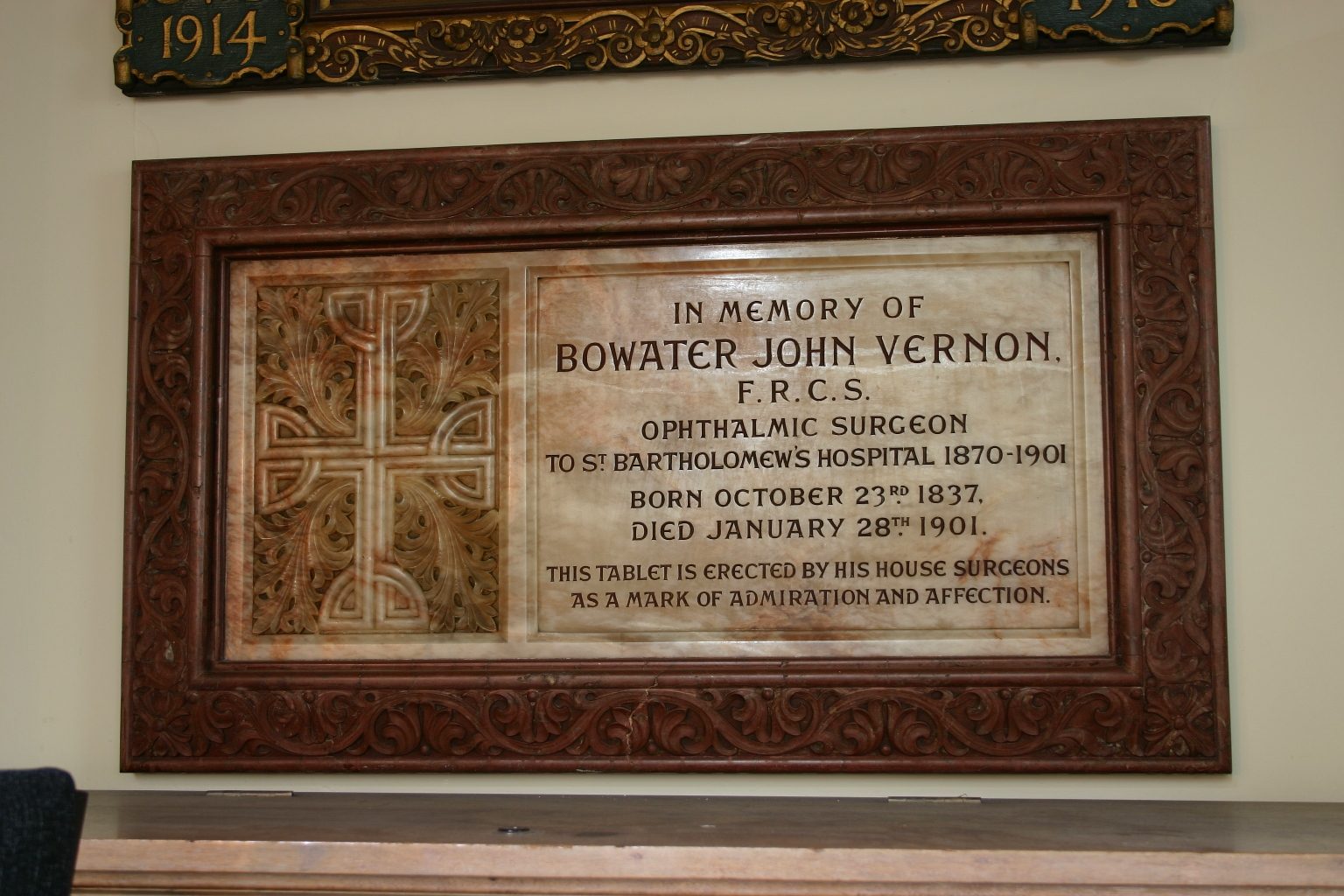 Bowater John Vernon's memorial tablet, St Bartholomew's Hospital, London (1).JPG